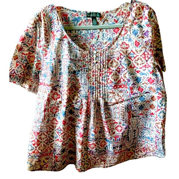 Women's Lauren Ralph Lauren Short Sleeve Pleated Tribal Aztec Print Top Size XL - Picture 1 of 7